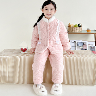 冬季宝宝女孩三层夹棉法兰绒儿童睡衣女童加厚套装家居服公主保暖