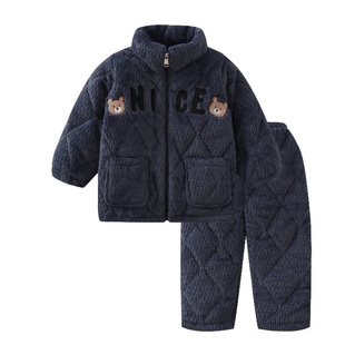 冬季三层加厚睡衣男童保暖宝宝套装夹棉家居服男孩大童小童套装