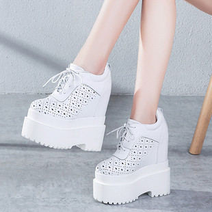 内增高单鞋女坡跟真皮镂空透气松糕厚底鞋小个子16CM超高跟小白鞋