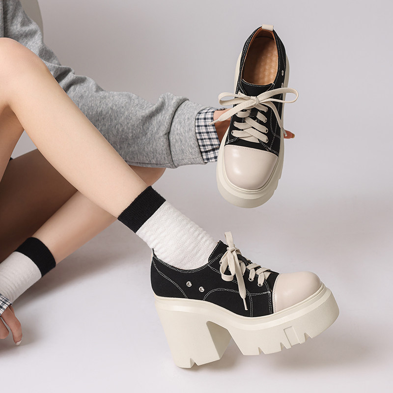 真皮防水台粗跟单鞋女12cm厚底拼接帆布增高鞋小个子超高跟小皮鞋