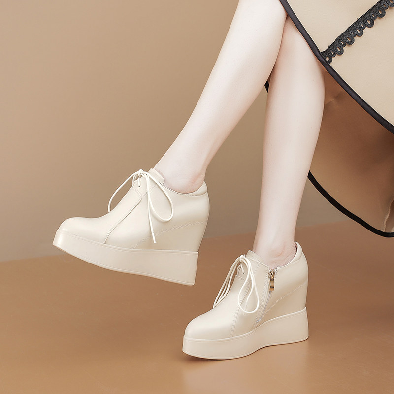 真皮内增高女鞋10cm坡跟单鞋松糕厚底皮鞋小个子增高深口超高跟鞋