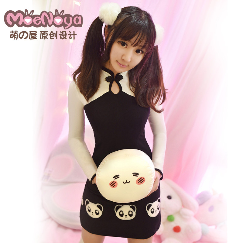 萌之屋 熊猫胖达PANDA软妹黑白拼色全棉中华风长袖旗袍连衣裙