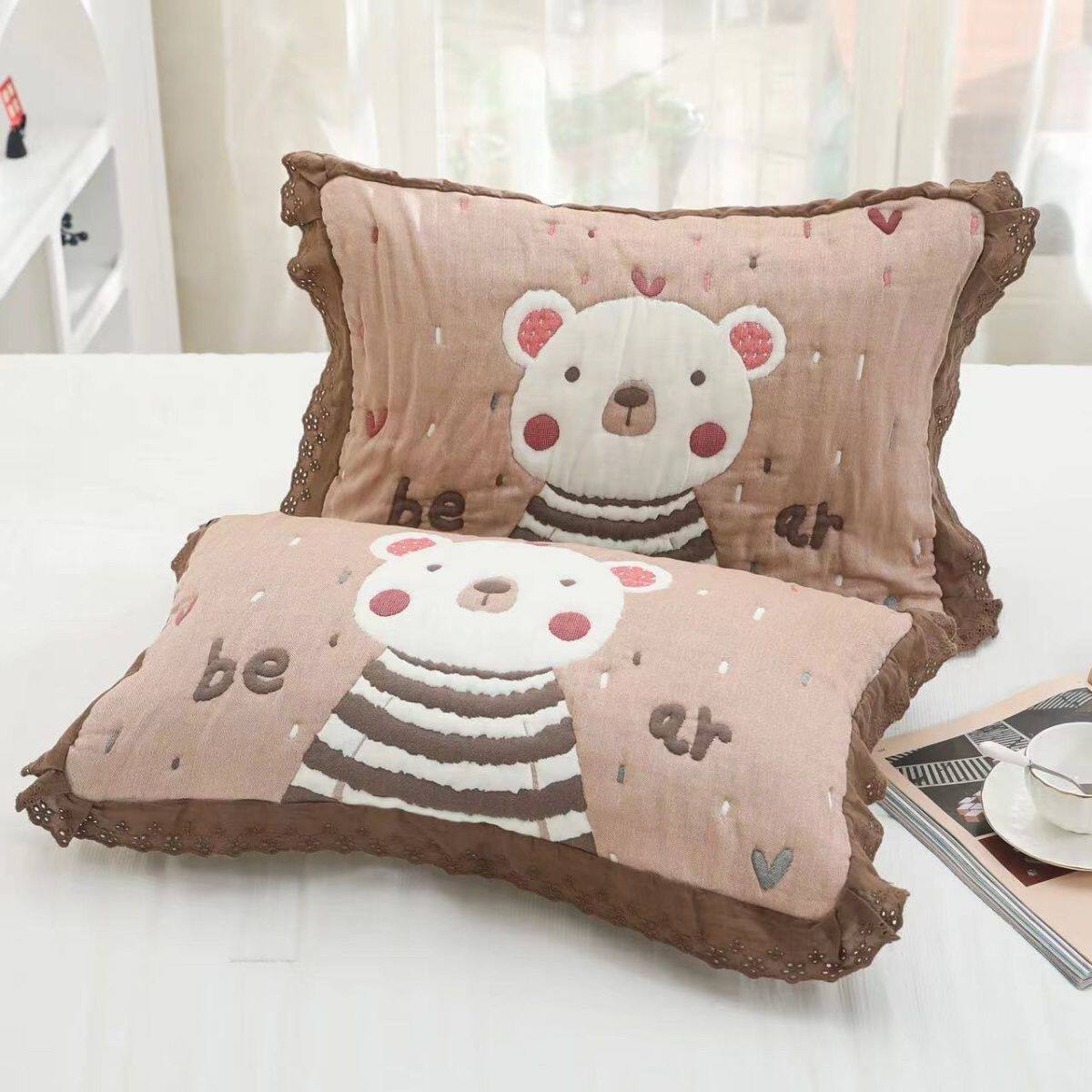 泡芙纯棉纱布中号枕巾花边一对装卡通可爱柔软透气加厚全棉枕头巾