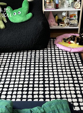 创意黑白格子彷羊绒客厅茶几地毯「 氛围 」高级感卧室满铺加厚毯