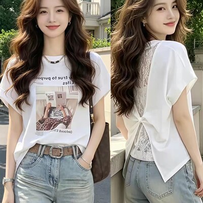2026夏季新款大码胖MM后背镂空蕾丝短袖T恤女夏天咖色设计感上衣