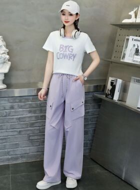 圆领拼色短袖T恤工装直筒裤套装女2026年夏季新款时尚潮流两件套