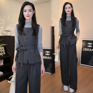 时尚套装女士2025秋季新款时髦洋气半高领打底衫马甲阔腿裤三件套