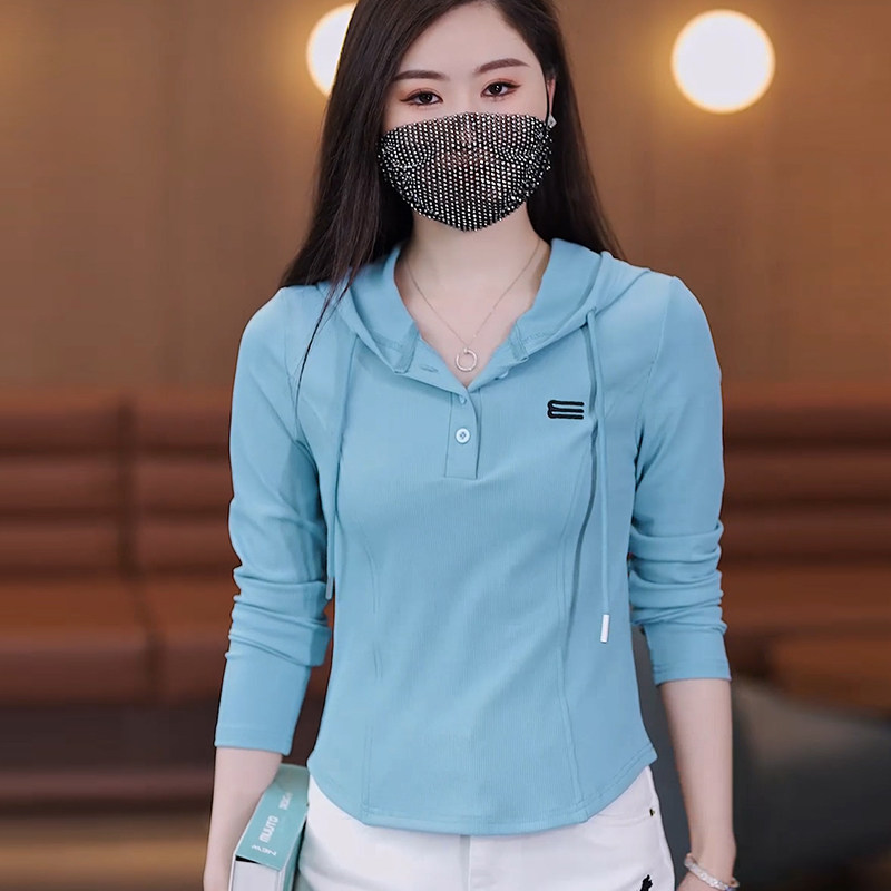 小个子显高显瘦白色长袖连帽卫衣T恤女春季新款女士时尚短款上衣