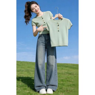 韩系今年流行简约百搭洋气针织衫 上衣 小众套头设计感2026春夏短袖