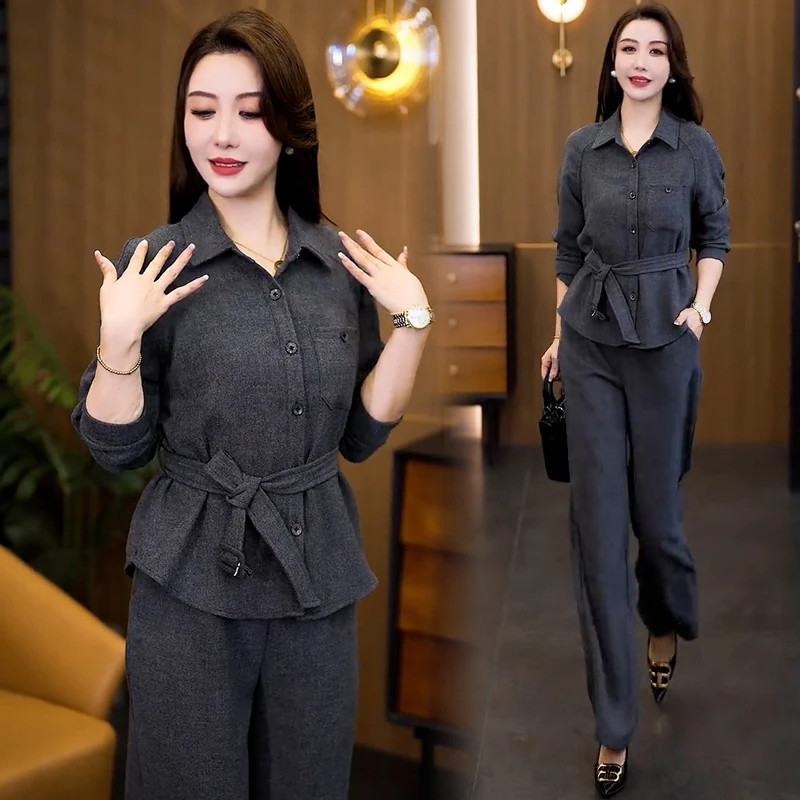 时尚套装女士2025秋季新款洋气收腰系带显瘦长袖衬衫阔腿裤两件套