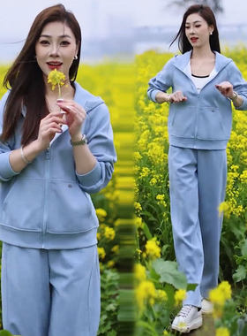 时尚休闲套装女2026春季新款时髦洋气连帽开衫外套阔腿裤两件套潮