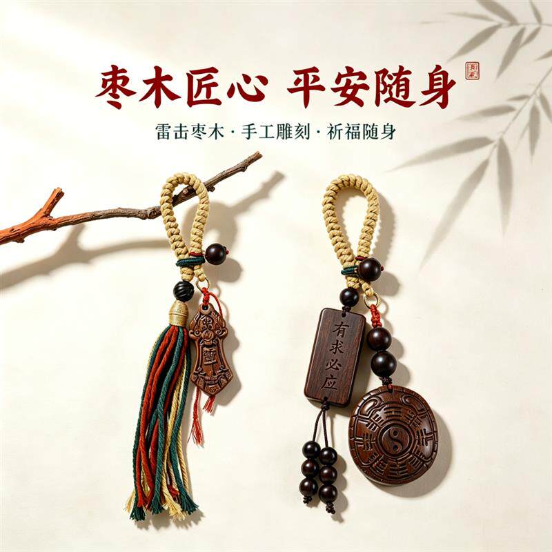 檀禄枣木手工精雕平安钥匙扣包挂