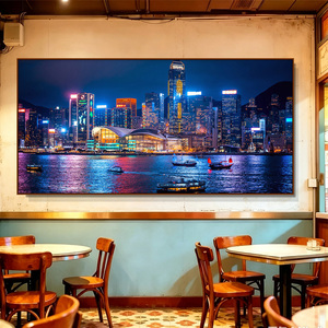 维多利亚港夜景装饰画香港城市建筑风景挂画港式茶餐厅饭店壁画