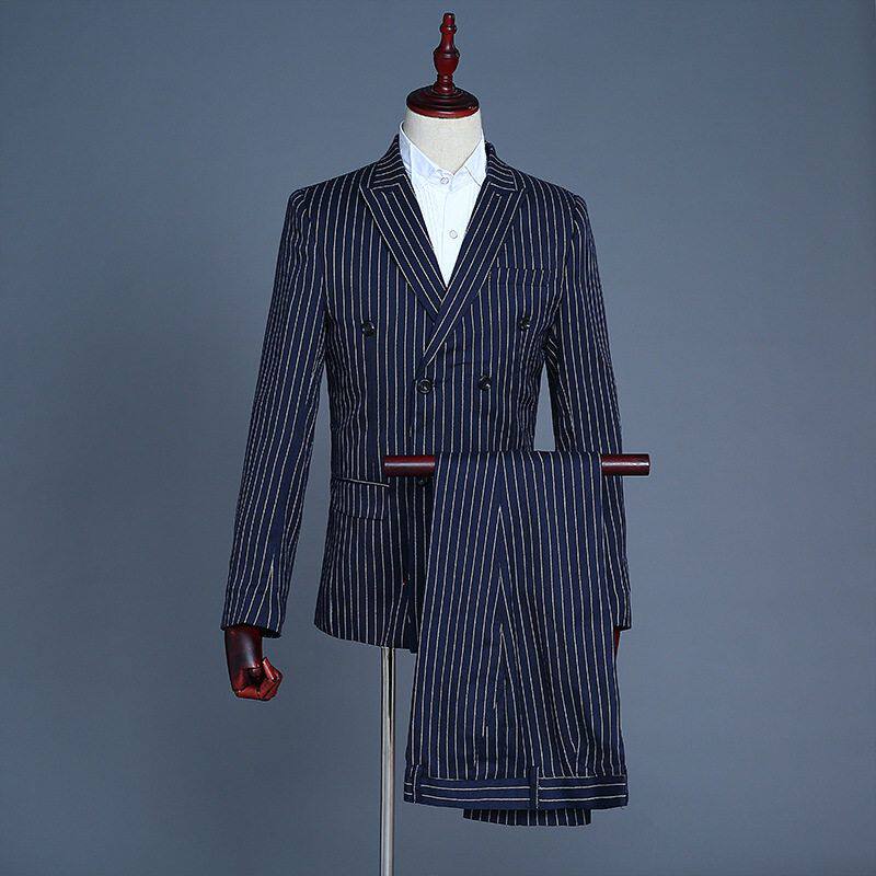 男士西装礼服舞台演出影楼主题西服表演主持藏青色白条马甲三件套