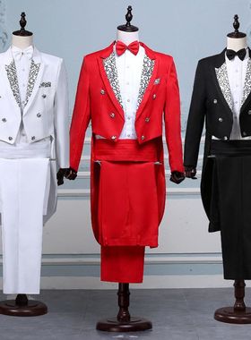 男士礼服燕尾服套装演出服魔术师舞台表演指挥服美声歌手黑白红色