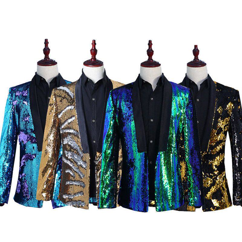 男士双色翻片亮片西服舞台演出服西装夜店酒吧DJ歌手主持潮流上衣