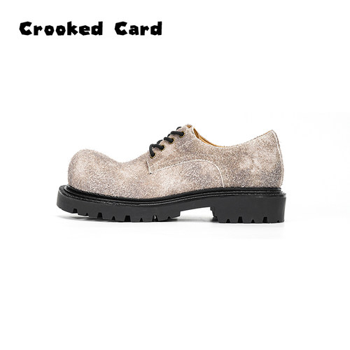 CrookedCard 2025新款厚底增高圆头德比鞋男女款真皮复古大头皮鞋