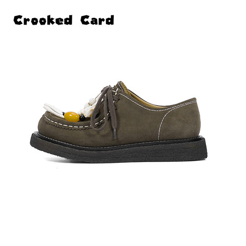 CrookedCard 圆头厚底复古休闲时尚乐福鞋女牛反绒袋鼠鞋厚底百搭