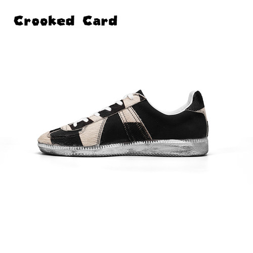 CrookedCard黑白鸳鸯马毛复古GAT德训鞋女真皮休闲个性小众帆布鞋