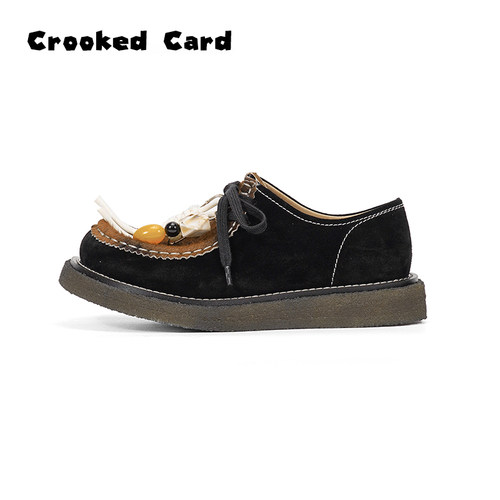 Crooked Card2025夏季马毛乐福时尚复古方头袋鼠鞋女厚底舒适百搭