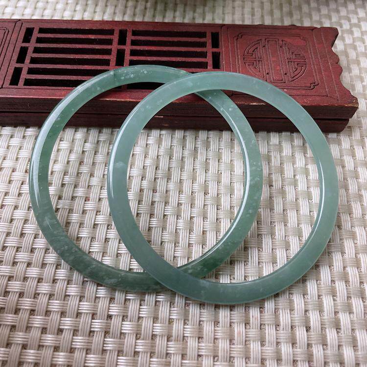 54圈口天然翡翠A货手镯冰糯种满色油青细条叮当镯对镯玉镯子女