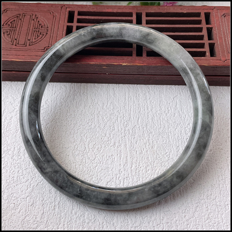 58圈口天然缅甸翡翠A货手镯冰糯种黑乌鸡圆条美人镯玉镯子女