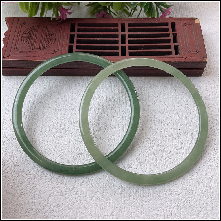 57圈口天然缅甸翡翠A货手镯冰糯种油青细条叮当镯对镯玉镯子女