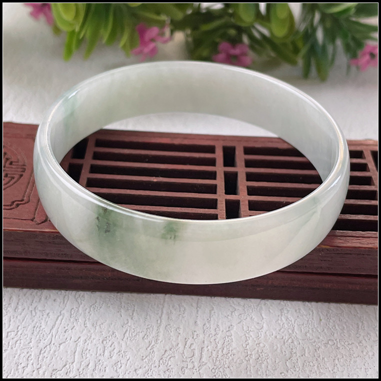 50圈口天然缅甸翡翠A货手镯冰糯种飘花宽条公主镯玉镯子福镯