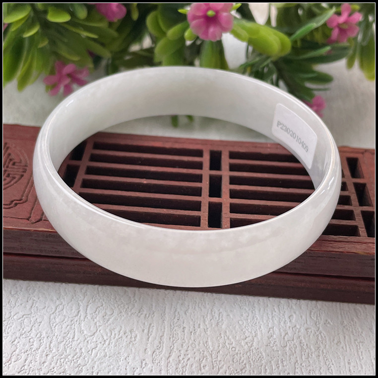 53圈口天然缅甸翡翠A货手镯冰糯种白底宽条公主镯福镯玉镯子女