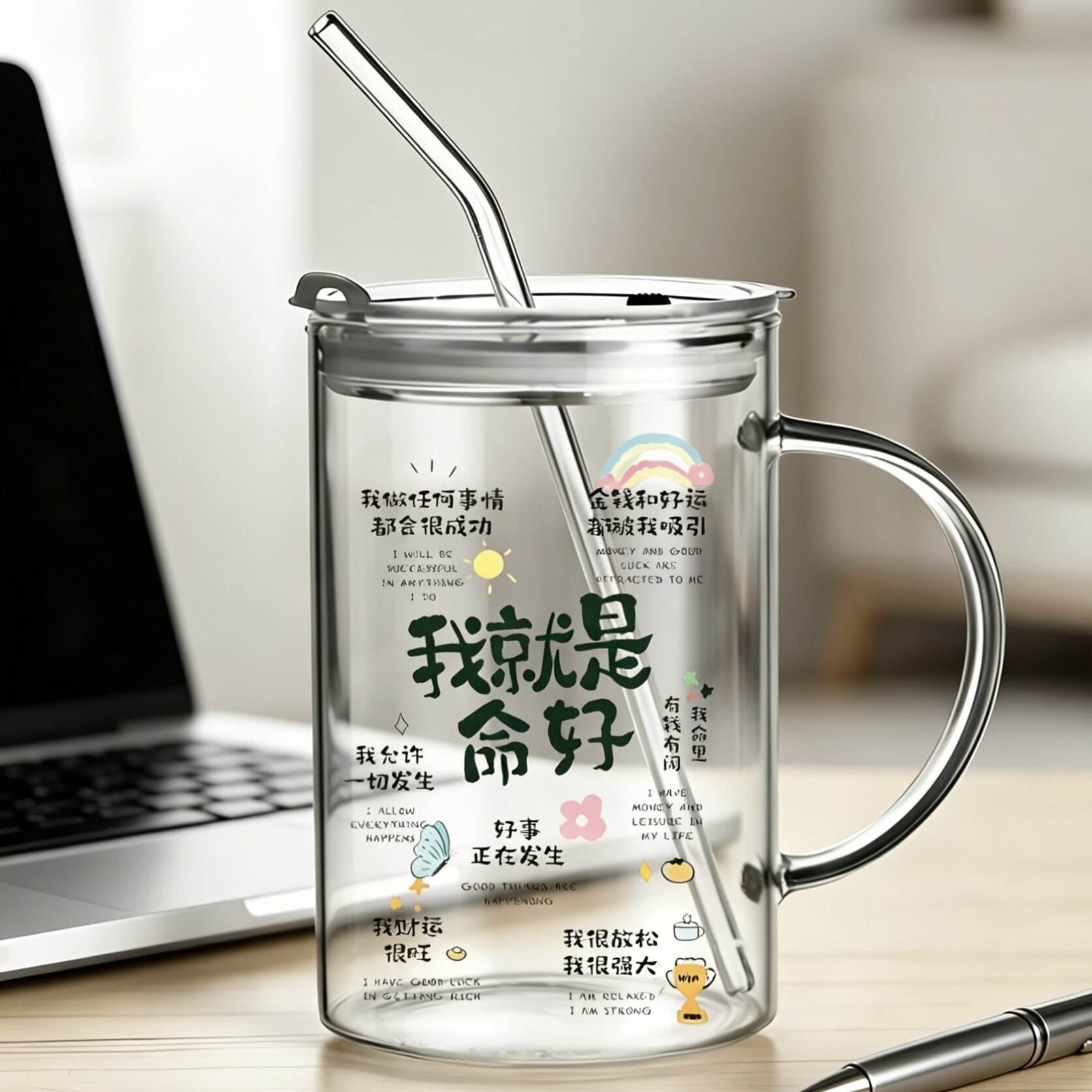 正能量显化杯我就是命好玻璃杯新款高颜值果汁杯办公室咖啡杯水杯