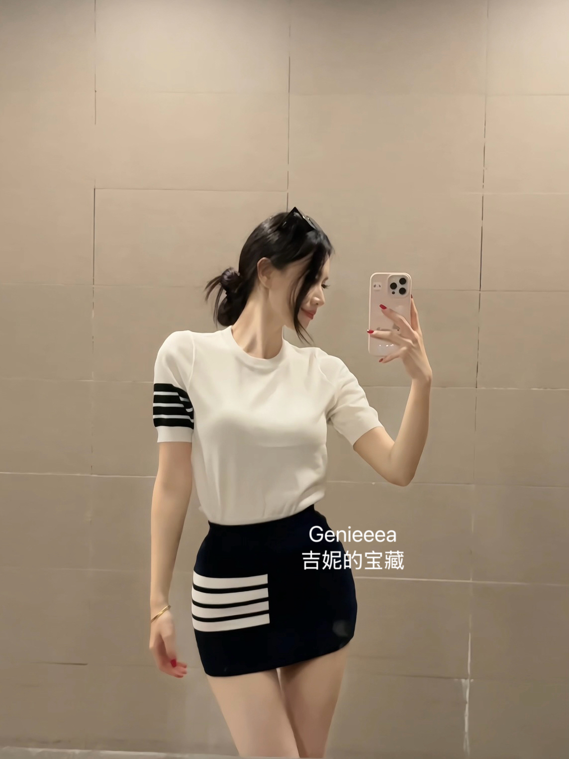 Genieeea吉妮的宝藏 圆领针织条纹短袖包臀裙半身裙套装