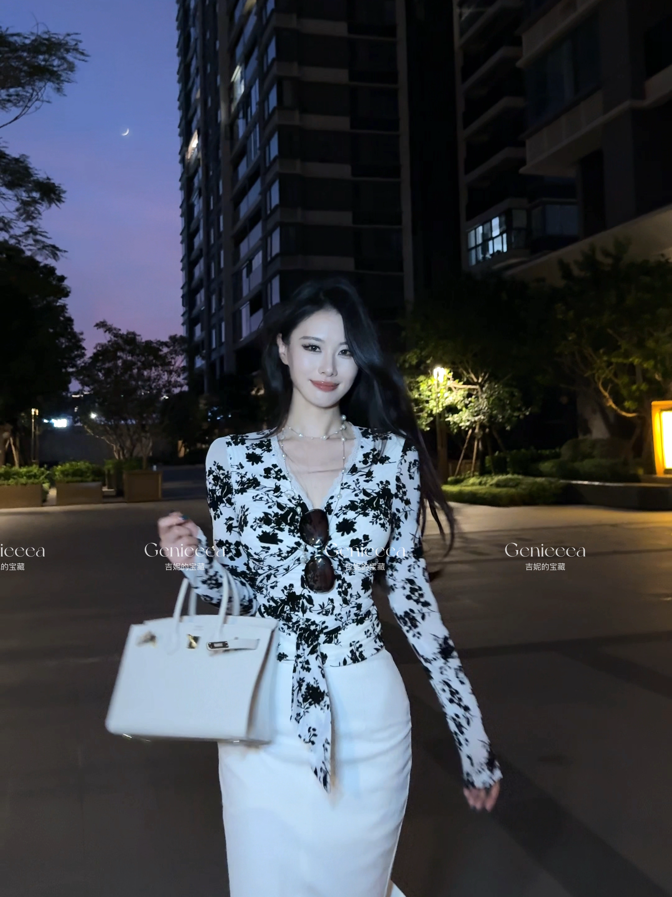 Genieeea吉妮的宝藏 法式花朵V领蕾丝交叉收腰长袖T恤包臀裙套装