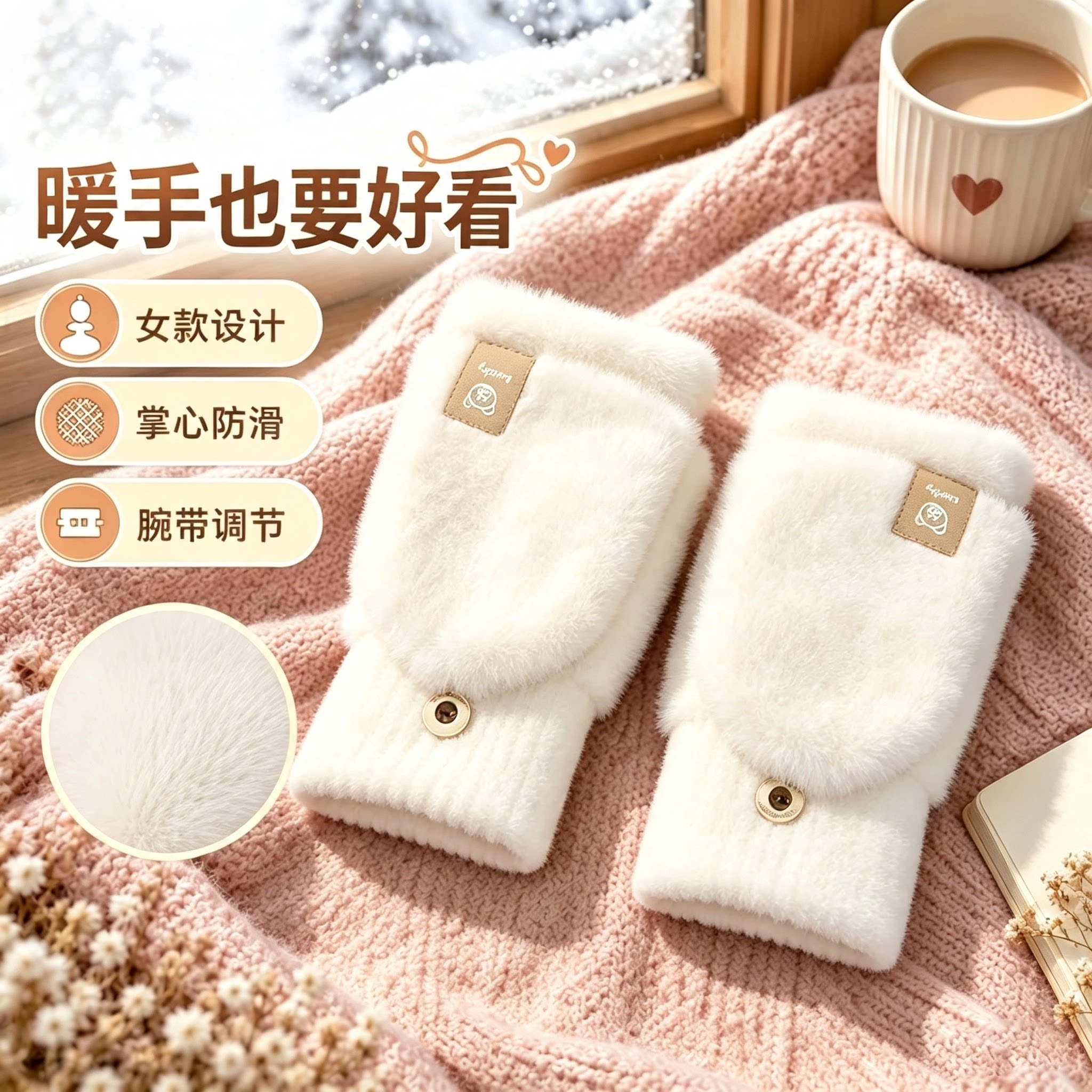 可爱白色毛绒半指翻盖手套女冬季保暖学生加厚针织露指写字可触屏