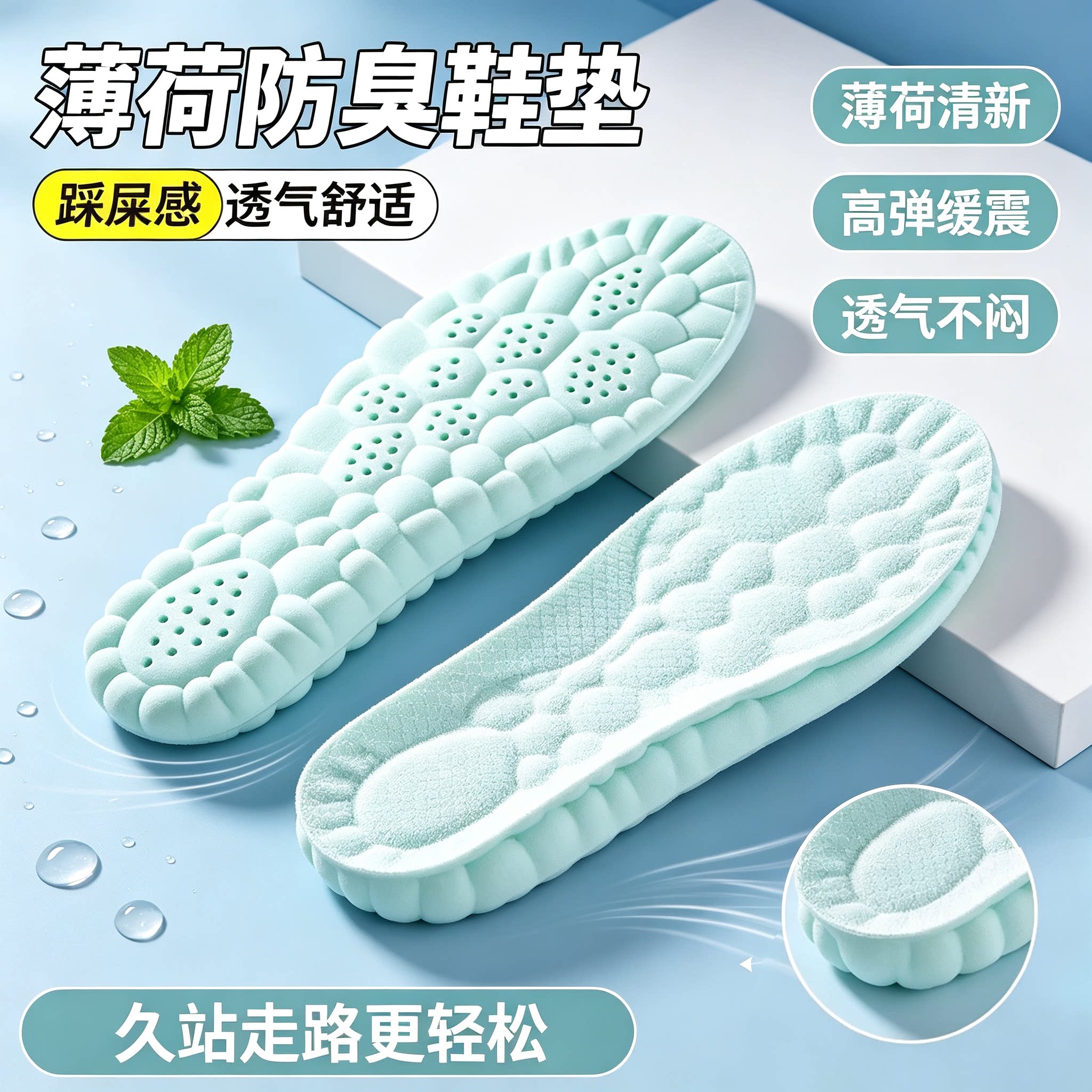 薄荷防臭运动鞋垫男士吸汗防臭透气女款软底舒适减震久站防痛军训