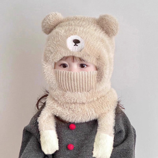 儿童帽子秋冬一体帽子围脖口罩会叫三件套男女童厚款宝宝加绒保暖