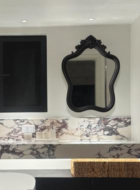 美式复古浴室镜法式黑色雕花挂墙不规则壁炉装饰镜卫生间LED镜子