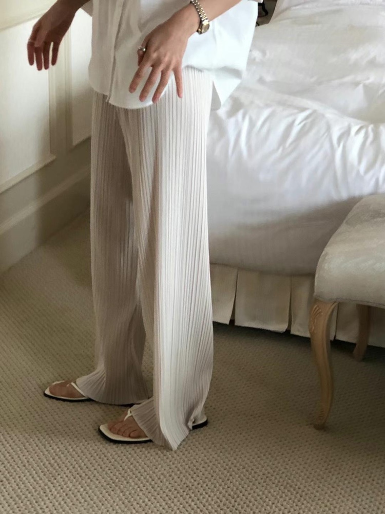 现 韩国东大门代购2025夏款 ounce-a高腰松紧直筒褶皱休闲拖地裤
