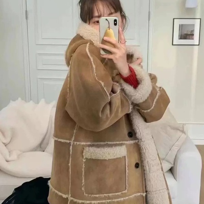清仓直邮 韩国东大门代购breathe-a羊羔毛 皮毛一体连帽大衣外套
