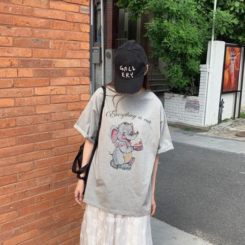 现韩国东大门代购2025夏季Merry May-a宽松慵懒风小象印花短袖T恤