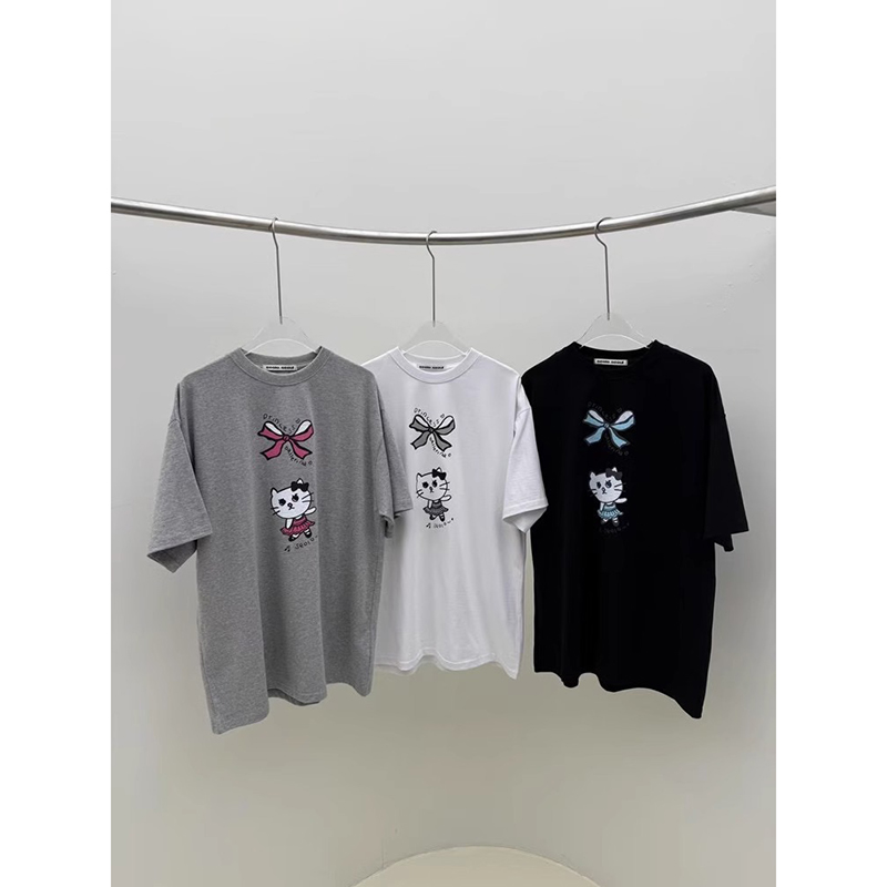现韩国东大门代购2025夏季seolo-a减龄蝴蝶结卡通印花圆领短袖T恤
