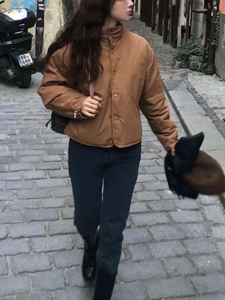 现 韩国东大门代购2025冬venir-a纯色立领暗扣短款  厚实羽绒服