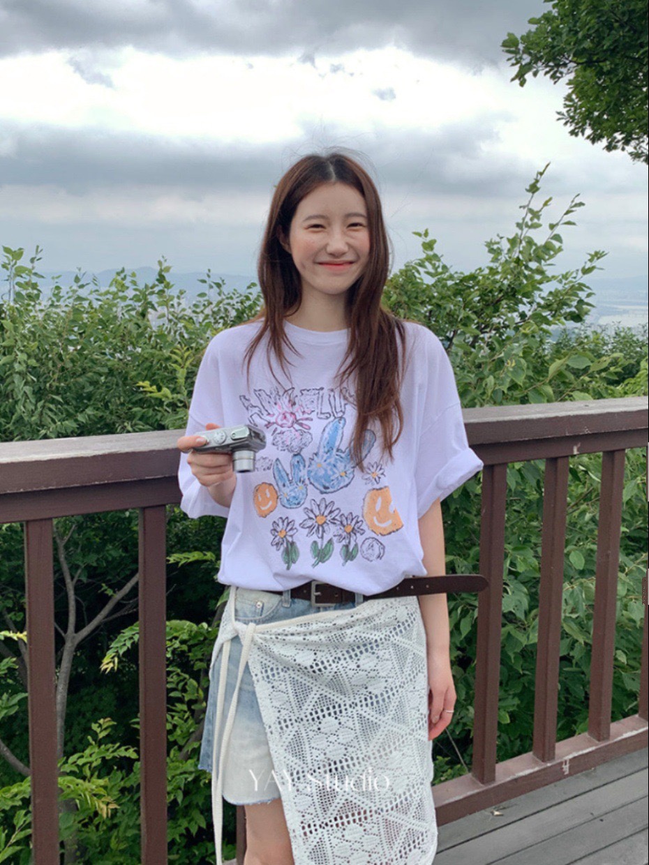 现 韩国东大门代购2024秋款4LEAF-a小兔子 印花卡通短袖T恤 棉