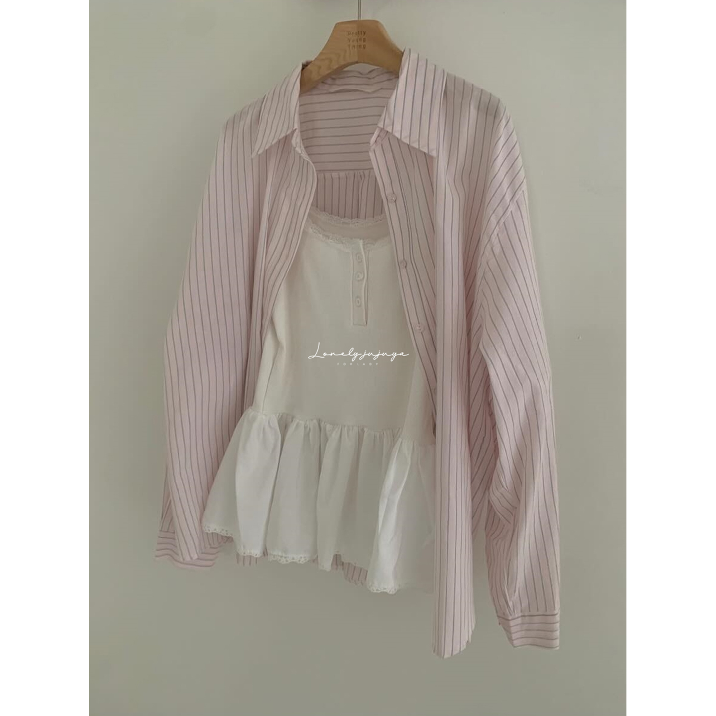 现 韩国东大门代购2025秋pretty young thing-a条纹宽松长袖衬衫