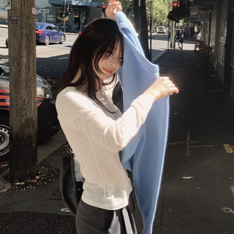 现 韩国东大门代购2024秋冬Slowand-a拼接圆领撞色时尚长袖T恤女