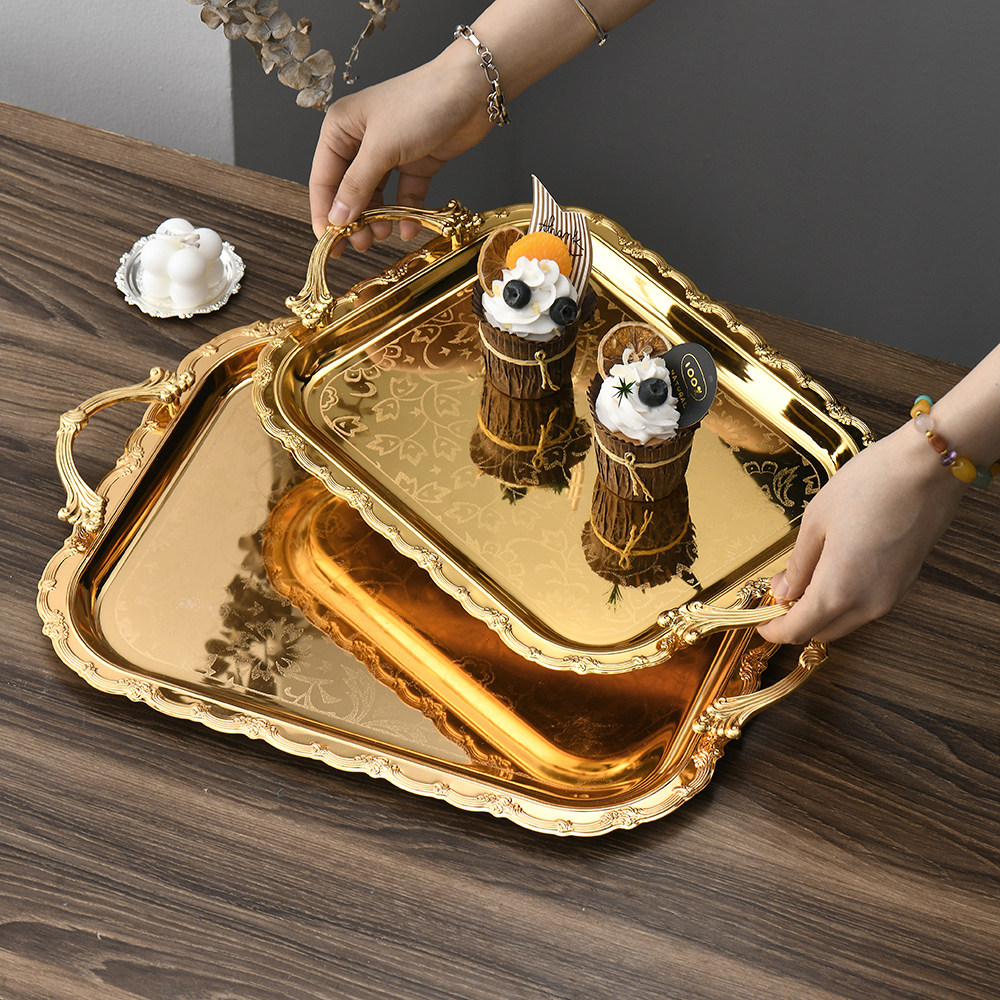 欧式金色托盘长方形家用客厅茶几水果零食点心蛋糕甜品收纳架,餐饮具,餐用托盘,淘宝优惠券,粉丝福利购,淘宝优惠卷