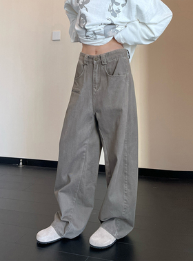 Beautget美式复古全棉水洗弯刀裤男女同款街头潮流宽松直筒休闲裤