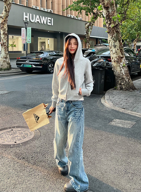Beautget重磅400G美式街头短款开衫连帽卫衣女ins潮流挺括帽衫
