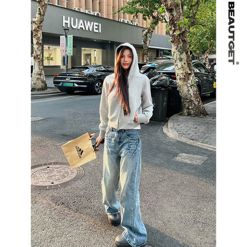 美式街头短款开衫连帽卫衣女