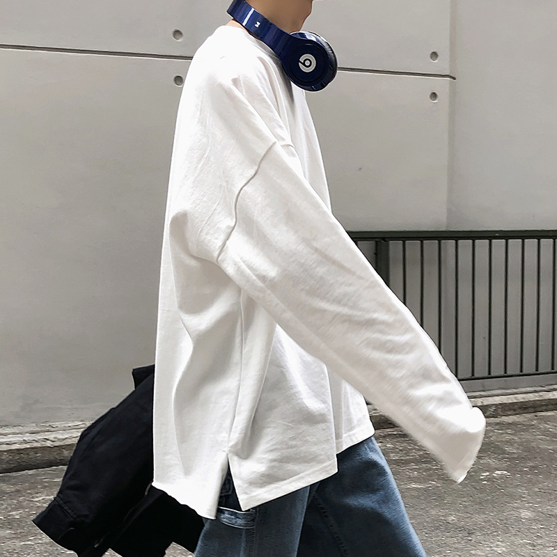 ins韩版宽松开叉上衣秋季潮流oversize纯色长袖T恤男女打底衫长T10月15日最新优惠
