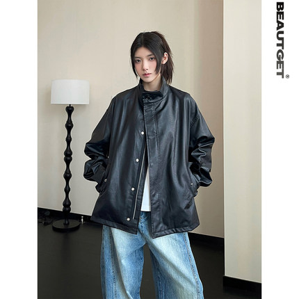 Beautget春秋美式潮流宽松立领皮衣外套男女同款设计感皮衣夹克